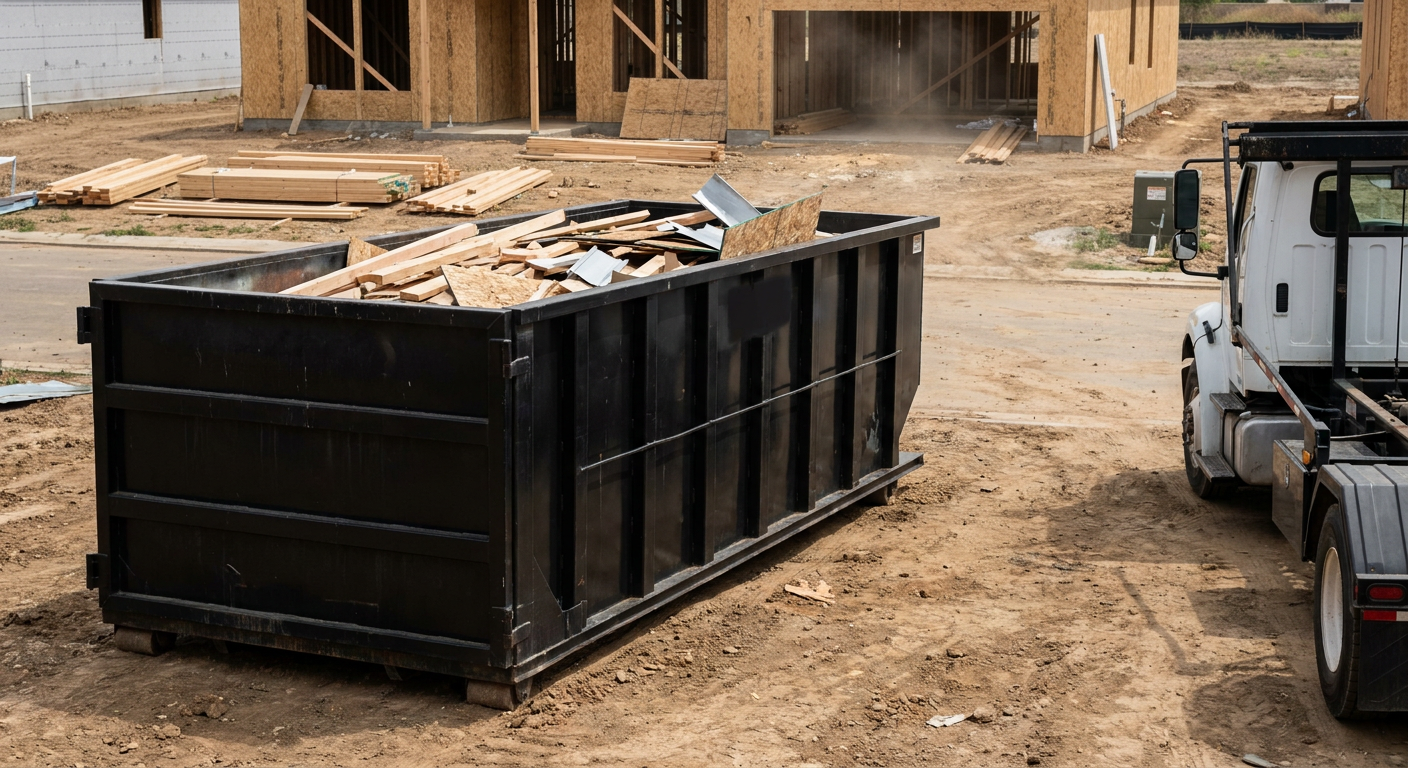Matte-black 20-yard roll-off construction dumpster with heavy ribbed steel sidewalls and swing rear doors at a working jobsite in Los Angeles, sitting directly on compacted dirt with an unmarked white hauler partially visible at the far edge of the frame.