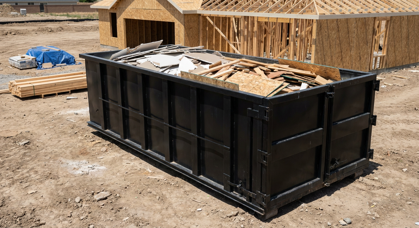 Matte-black 30-yard roll-off construction dumpster sitting directly on the compacted-dirt site of a framed single-family home build in Los Angeles, drywall and lumber scrap loaded inside.