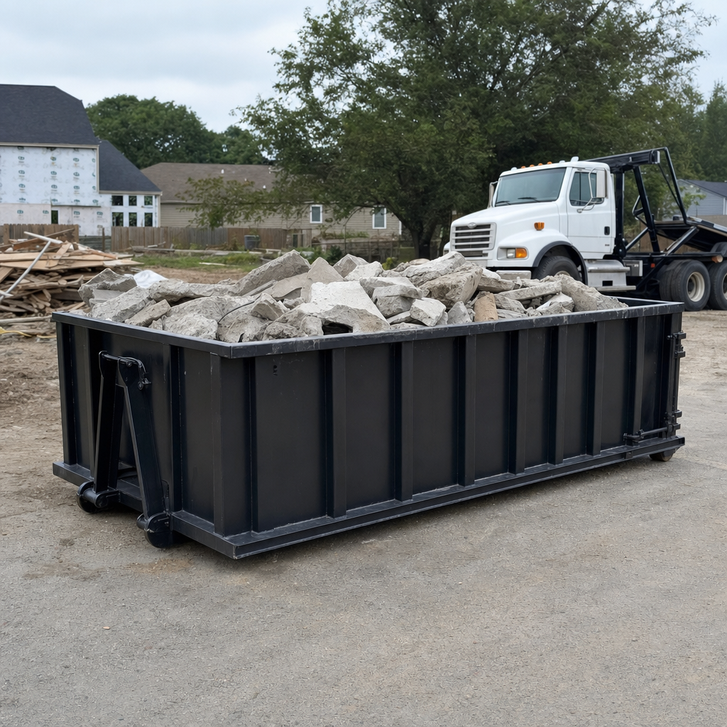 Low-profile matte-black lowboy roll-off dumpster loaded with broken concrete slab and rebar at a foundation tear-out in Los Angeles, skid steer parked beside it, sunny Colorado morning