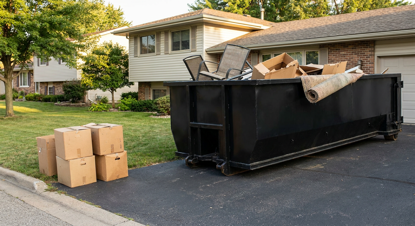 Front-yard view of a Los Angeles split-level home with a 20-yard matte-black roll-off dumpster sitting directly on the asphalt driveway, a few clearly labeled donation boxes staged at the curb, calm sunny afternoon.