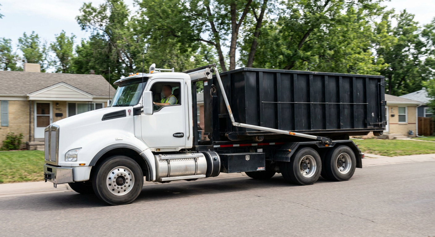 A wide documentary shot of a matte-black roll-off delivery truck pulling onto a quiet Los Angeles residential street at mid-morning, with neighborhood rooftops and tree-lined blocks visible behind, showing the metro coverage footprint.