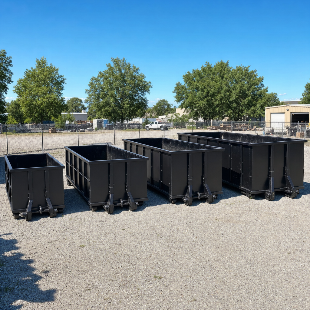 A clean lineup of matte-black roll-off dumpsters in 10, 20, 30, and 40-yard sizes staged on a sunlit gravel yard in Los Angeles, showing the size progression from compact to commercial-scale containers.