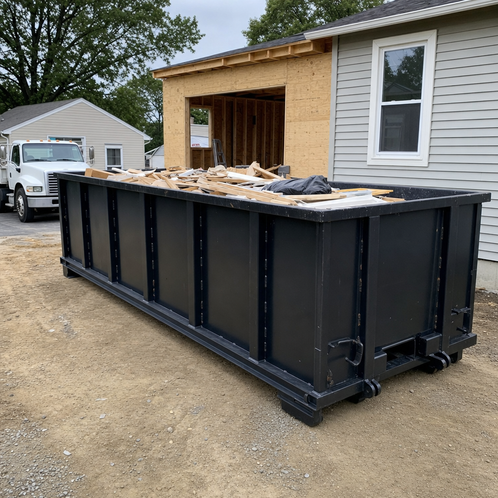 A matte-black 30-yard roll-off dumpster positioned at a Los Angeles residential addition jobsite, with framing lumber and drywall scraps loaded through the open swinging rear doors.